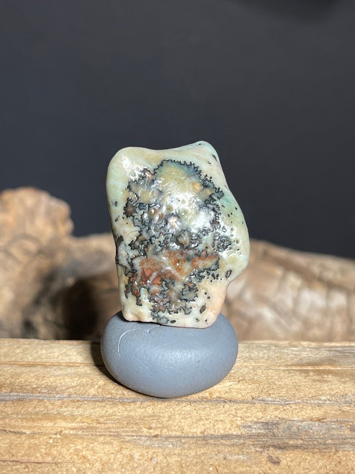(1105)Natural Alxa Gobi Dendtritic Agate - Pale Green with Black & Rust-Colored Branching Inclusions