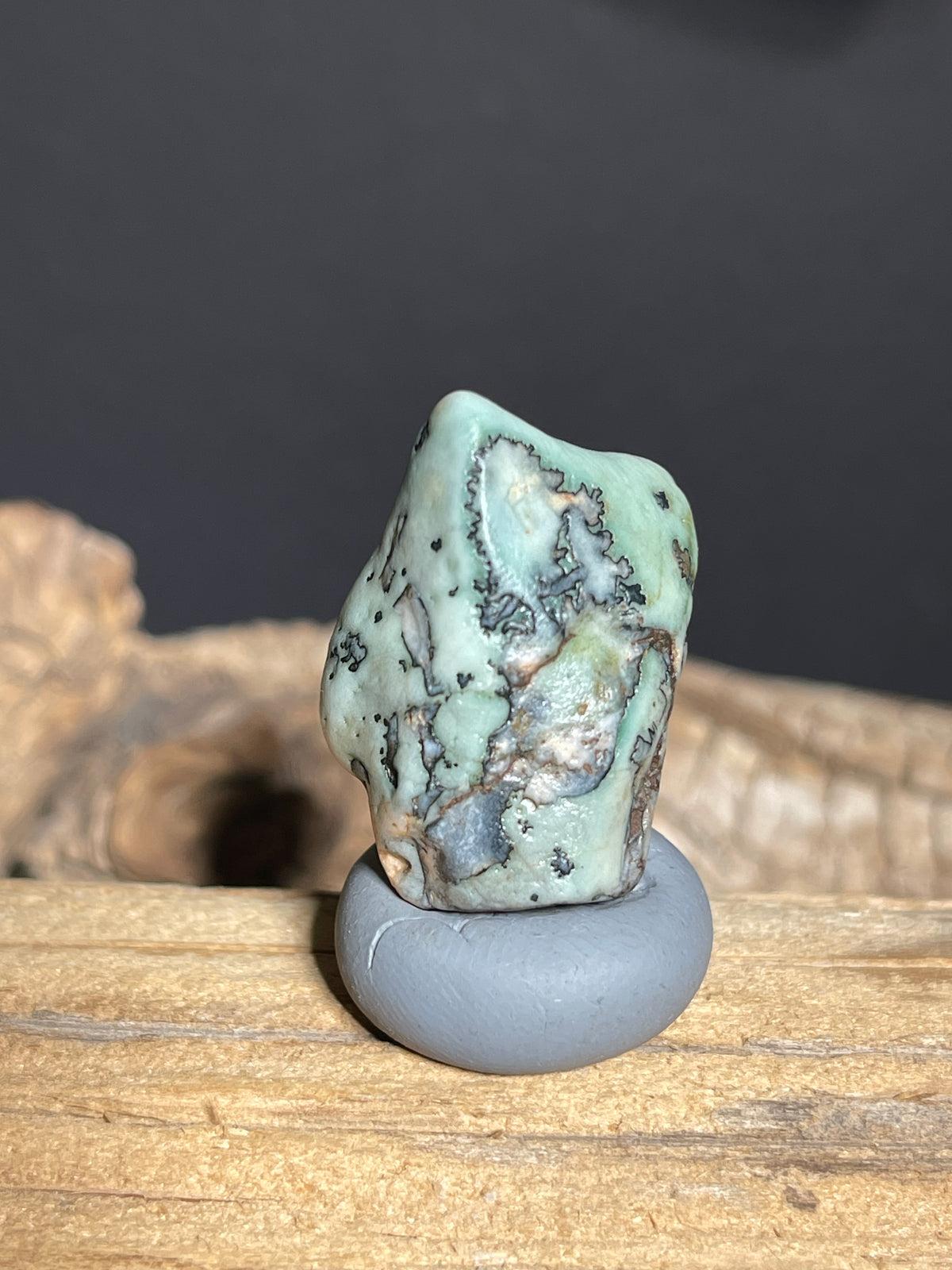 (1105)Natural Alxa Gobi Dendtritic Agate - Pale Green with Black & Rust-Colored Branching Inclusions