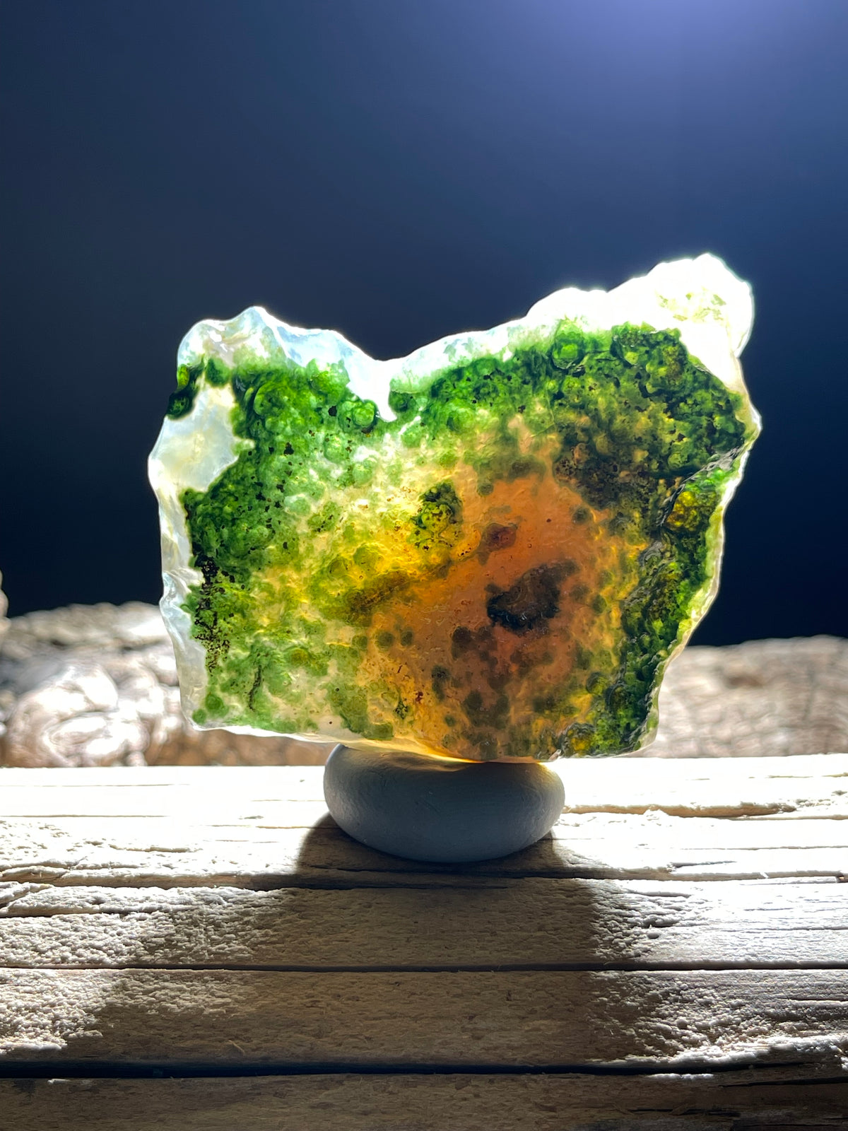 (1112)Natural Alxa Gobi Moss Agate- Translucent green & Golden-Orange Inclusions