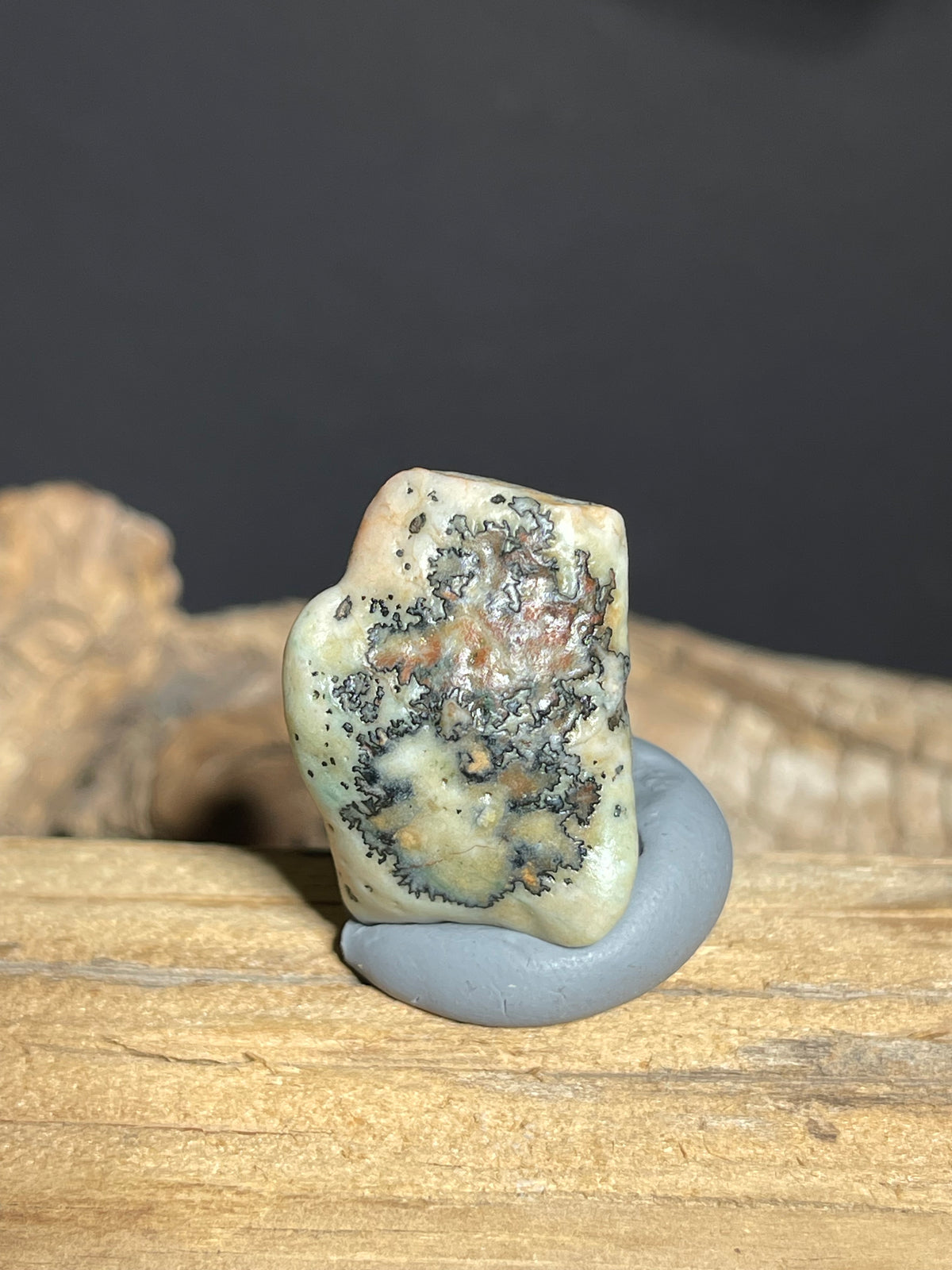 (1105)Natural Alxa Gobi Dendtritic Agate - Pale Green with Black & Rust-Colored Branching Inclusions